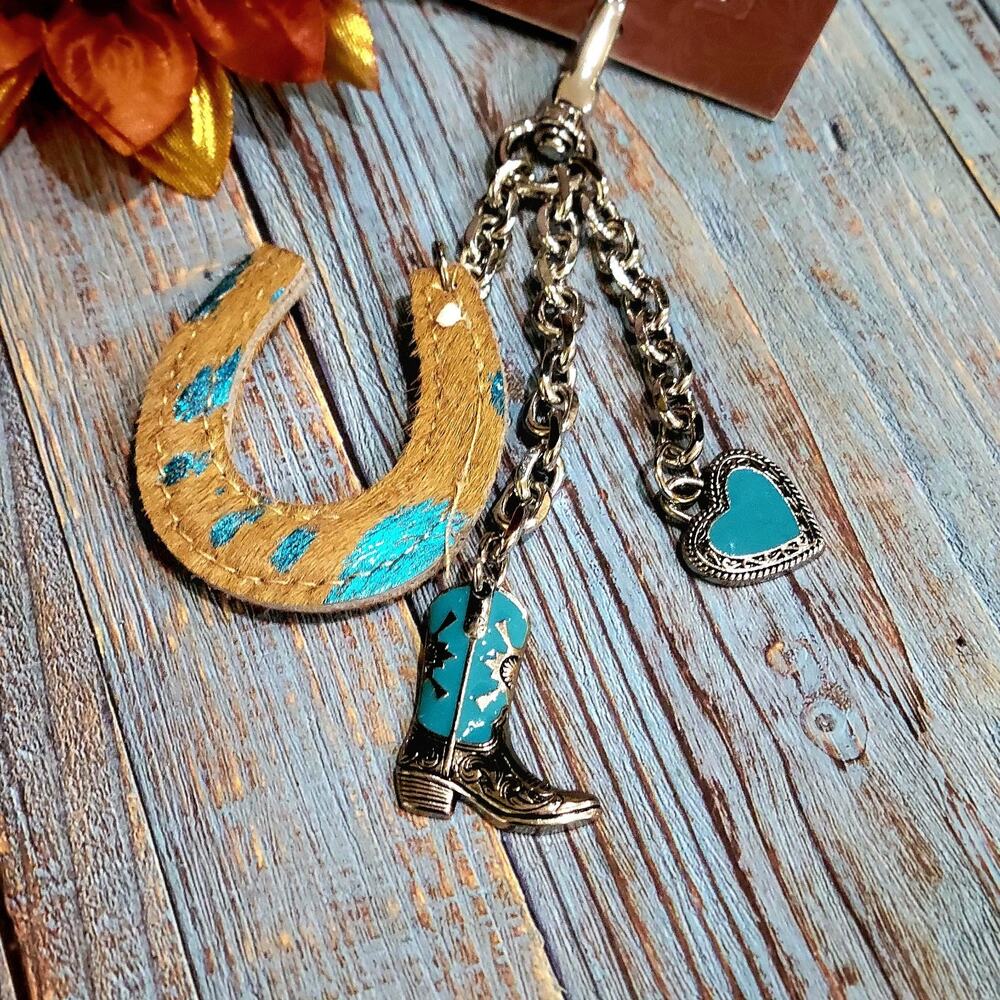 Wrangler Western Turquoise & Brown Hair-On-Hide Horseshoe Boot Heart Keychain